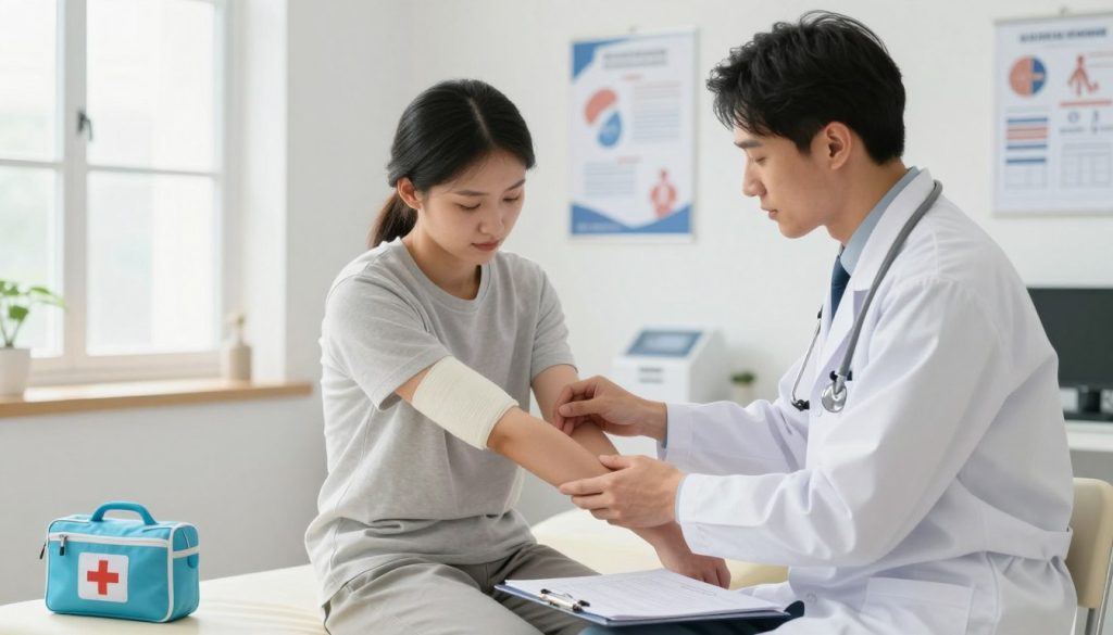 A bright, modern medical office with a focus on a young adult patient sitting on an examination table, looking relieved as a caring healthcare professional examines their injured arm. The doctor, dressed in a crisp white lab coat with a stethoscope, carefully evaluates the patient's injury. In the foreground, a medical chart and a first aid kit are visible. In the background, medical posters and a window allowing natural light to illuminate the room, creating a warm, inviting atmosphere. The lighting is bright but soft, enhancing the sense of hope and healing. The angle is slightly elevated to capture both the doctor’s attentive demeanor and the patient’s demeanor of trust and gratitude.