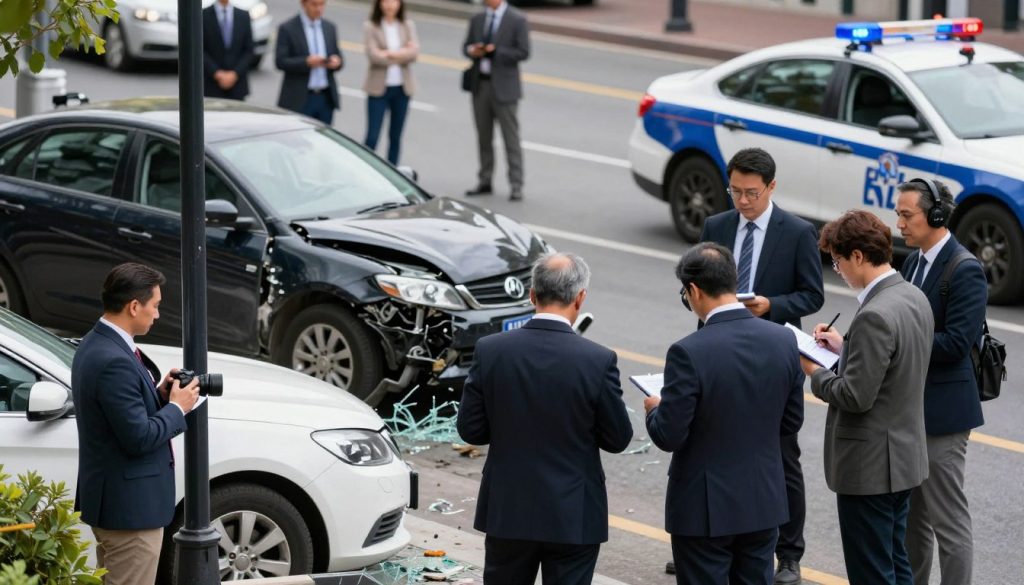 A car accident scene in an urban setting, focused on evidence gathering. In the foreground, a diverse team of professionals in business attire examine the vehicles involved, taking notes and using a camera to document damage. The middle layer showcases two crumpled cars, one slightly tilted and the other parked against a lamppost, with shattered glass scattered nearby. In the background, blurred onlookers and a police car with flashing lights add context. The scene is bathed in natural daylight with bright but soft lighting, highlighting the details of the accident. The atmosphere is tense yet organized, conveying the importance of thorough documentation for accident compensation. The angle is slightly elevated, providing a comprehensive view without digital watermarks or text overlays.