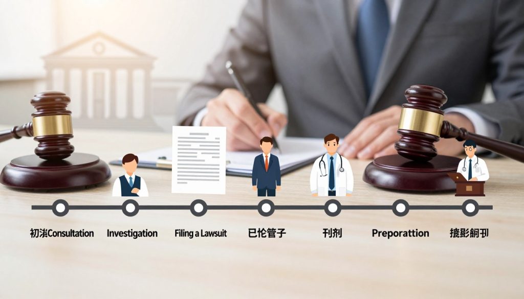 A detailed and visually engaging timeline illustrating a medical malpractice case progression. In the foreground, a sleek, organized timeline is presented as a horizontal line with distinct markers representing various stages: Initial Consultation, Investigation, Filing a Lawsuit, Discovery, Trial Preparation, and Resolution. The middle ground features key elements like a gavel, legal documents, and representative icons of doctors and lawyers, all depicted in professional business attire to emphasize the seriousness of the topic. The background includes a subtle courthouse silhouette, with soft lighting casting a warm glow to create a professional atmosphere. The entire image conveys a sense of urgency, clarity, and professionalism, suitable for understanding the strategies involved in moving a medical malpractice case forward, all while maintaining a clean and polished look.