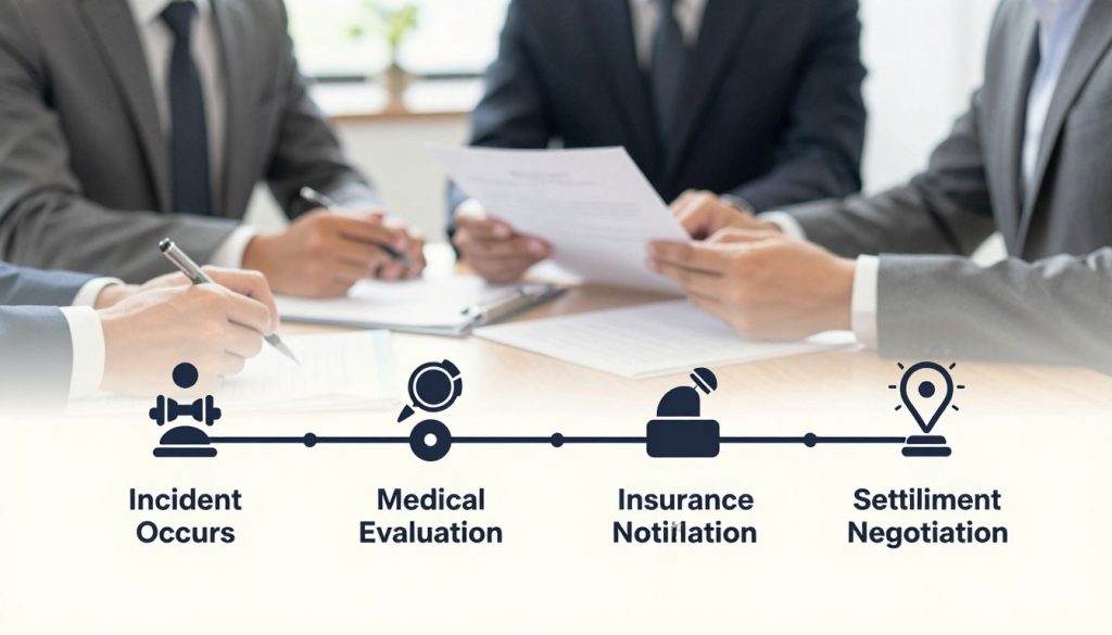 A detailed illustration of a personal injury settlement timeline. In the foreground, show a stylized, chronological timeline featuring key milestones such as "Incident Occurs," "Medical Evaluation," "Insurance Notification," and "Settlement Negotiation," with icons representing each step. The middle ground contains a faint depiction of a professional meeting, where individuals in business attire are discussing paperwork and case details, conveying collaboration and concern. The background features a blurred office setting, emphasizing a supportive and serious atmosphere. Use soft, natural lighting for a warm yet professional tone, with a shallow depth of field to ensure focus on the timeline. The overall mood is informative and encouraging, illustrating the initial steps one should take after an injury.