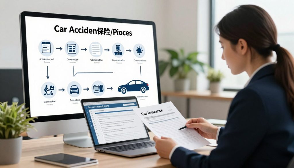 A detailed illustration of the car accident insurance claims process, focusing on a serene office environment. In the foreground, a professional mediator in business attire sits at a desk, examining paperwork related to an insurance claim and a laptop showing a digital form. In the middle, to the left, a large framed diagram illustrates the step-by-step claims process with icons representing each stage: accident report, documentation, communication with insurance, etc. The background features a calm office, with potted plants and neutral-colored walls, softly lit by natural light coming through a window. The mood is supportive and organized, conveying a sense of professionalism and guidance in navigating the aftermath of a car accident.