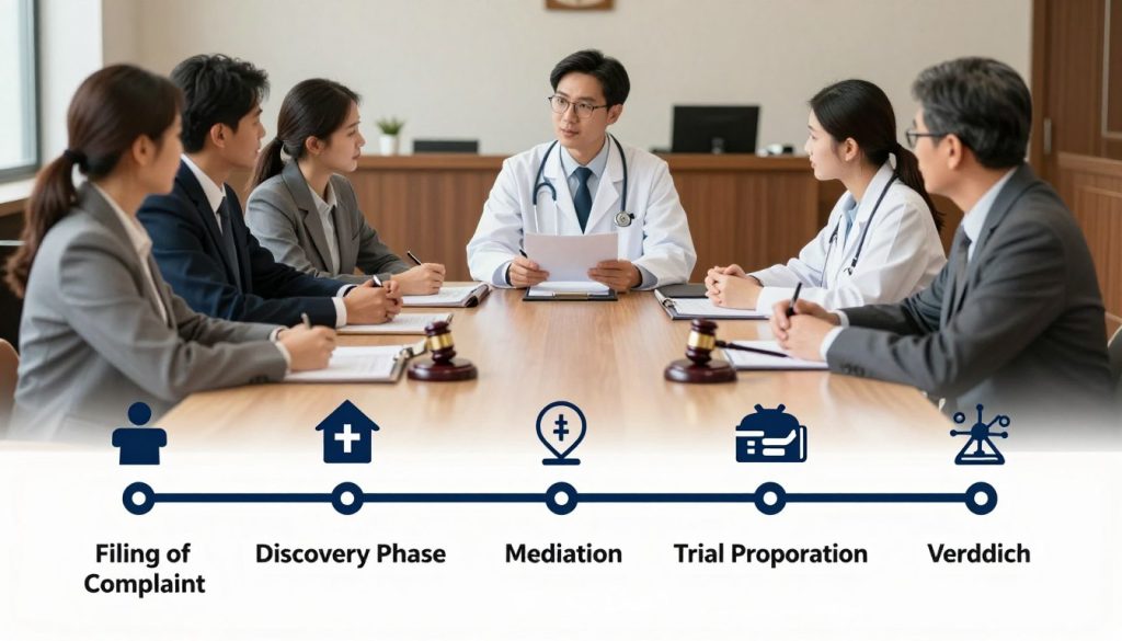 A detailed infographic-style representation of the average timeline for medical malpractice case resolution. The foreground features a segmented timeline with clearly defined milestones, such as "Filing of Complaint," "Discovery Phase," "Mediation," "Trial Preparation," and "Verdict," illustrated with icons. The middle section showcases a diverse group of professionals in business attire—lawyers, doctors, and patients—collaborating in a discussion around a large table. The background displays a blurred court setting and legal documents on a desk, subtly emphasizing the legal aspect. Soft, natural lighting enhances a serious yet hopeful atmosphere, with a wide-angle perspective to create depth, inviting viewers to understand the complex journey of medical malpractice cases in a clear, engaging way.