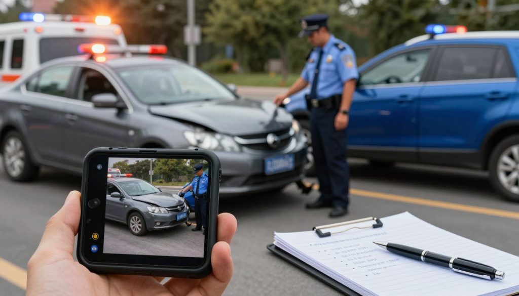 A detailed scene depicting a car accident documentation process. In the foreground, a close-up of a smartphone with a camera opened, capturing the damaged vehicles – a gray sedan and a blue SUV, showing visible dents and broken glass. To the right, a notepad and pen on the ground, alongside recorded notes with bullet points on accident details. In the middle background, a uniformed police officer examining the scene, exhibiting professionalism while wearing a crisp blue uniform. To the left, an emergency vehicle with lights flashing, casting a warm glare across the scene. The image is bathed in natural daylight, enhancing visibility of details. The mood is serious yet organized, conveying the gravity of the situation while emphasizing the importance of documentation and evidence in such scenarios.