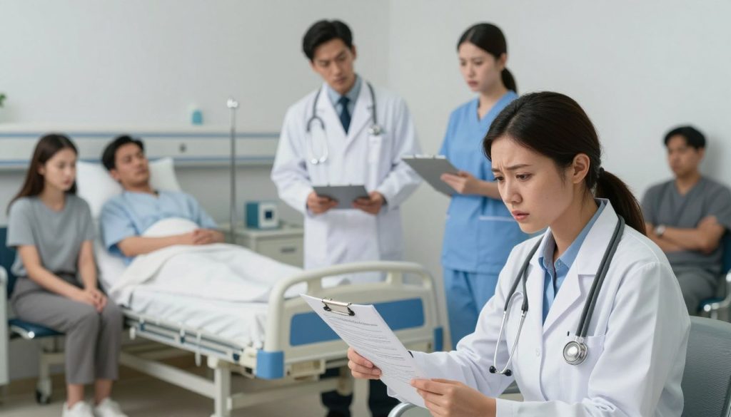A detailed scene depicting various examples of medical malpractice cases. In the foreground, a worried patient in professional attire is seated in a doctor's office, looking at a medical chart with a concerned expression. In the middle ground, a doctor in a white coat stands beside a hospital bed, discussing treatment options with a nurse, who appears uncertain. In the background, a waiting room with anxious family members highlights the emotional weight of medical errors. Soft, diffused lighting creates a serious yet empathetic atmosphere, hinting at the gravity of the situations. The setting should be realistic, capturing the urgency and seriousness of malpractice in a healthcare environment. The image composition should be balanced, with a focus on expressions and body language that convey concern and professionalism.