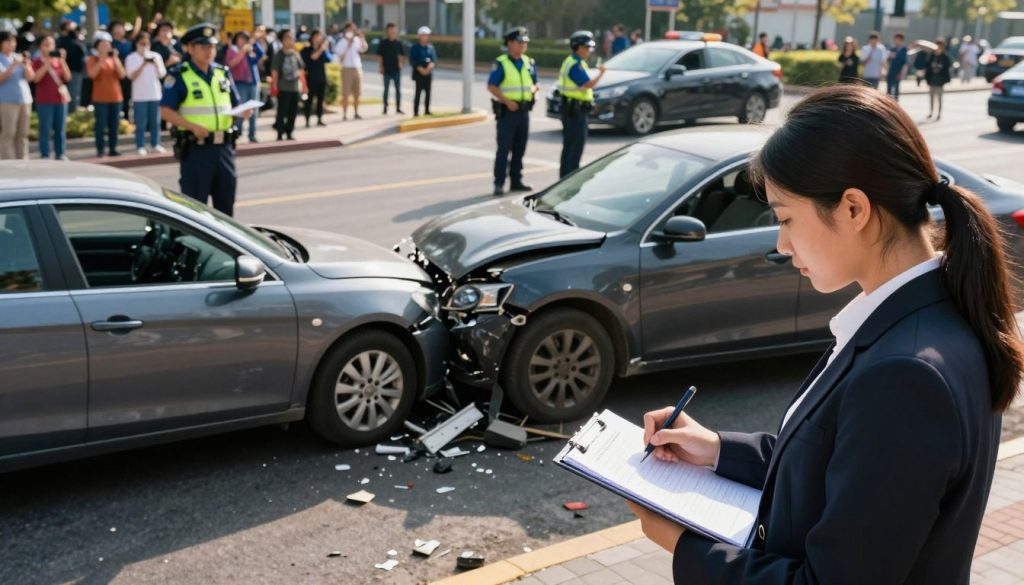 A detailed scene documenting a car accident. In the foreground, a professional wearing a business attire is taking notes on a clipboard, focused on the accident details. In the middle ground, two damaged cars are positioned at an intersection, with visible impact damage and debris scattered around. Police officers are visible, directing traffic and maintaining order. In the background, a crowd of curious onlookers stands at a safe distance, capturing the scene with smartphones. The lighting is natural, capturing the mid-afternoon sunlight, casting soft shadows across the scene. The angle is slightly elevated, providing a clear view of both cars and the ongoing documentation process, creating a mood of urgency and professionalism in the aftermath of the accident.