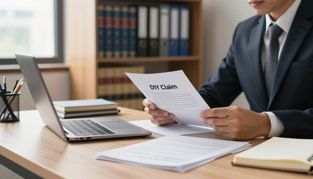 A focused office workspace illustrating the concept of a DIY personal injury claim. In the foreground, a neatly organized desk featuring a laptop and legal documents, emphasizing the self-representation aspect. A person in professional business attire, diligently reviewing papers and taking notes, sits at the desk, conveying determination and professionalism. In the middle ground, shelves filled with legal textbooks and binders, showcasing research and preparation. The background features a large window letting in warm, natural light, creating an inviting atmosphere. Soft shadows enhance depth, while a slightly blurred cityscape outside hints at the external world, symbolizing the real-life implications of the claims process. The overall mood is serious yet hopeful, embodying the journey of claiming justice without legal assistance.