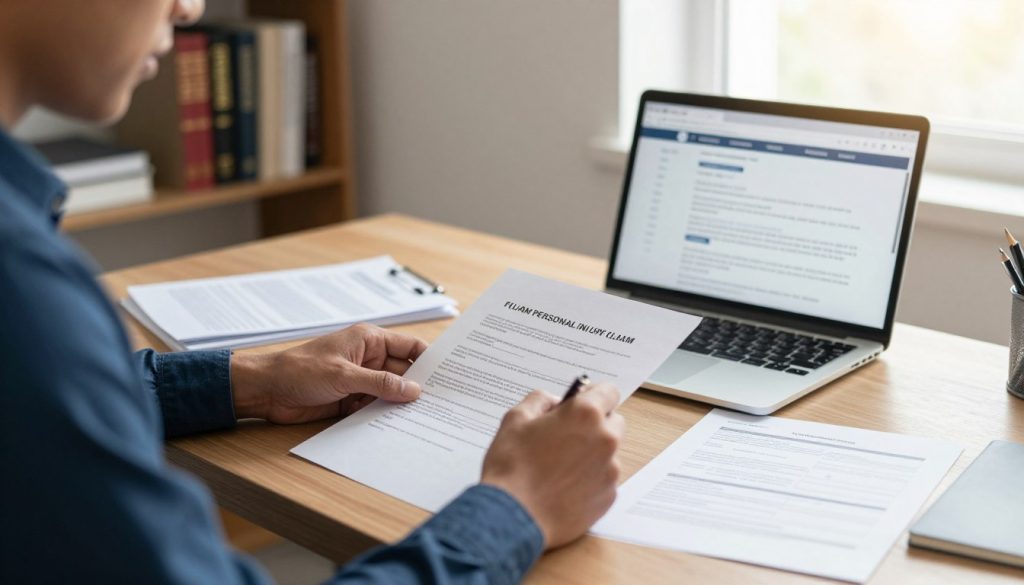 A focused, professional workspace scene illustrating the process of filing a personal injury claim independently. In the foreground, a diverse individual, dressed in smart casual attire, sits at a wooden desk, intently reviewing documents and filling out a claim form. The middle ground features a laptop displaying legal websites and notes scattered around, evidencing organization and determination. In the background, soft natural lighting filters through a window, casting a warm glow that emphasizes a sense of clarity and purpose. A small bookshelf filled with legal books and resources further enhances the atmosphere of professionalism and self-reliance. The image conveys a mood of empowerment and diligence, showcasing the steps involved in navigating a personal injury claim without legal assistance.