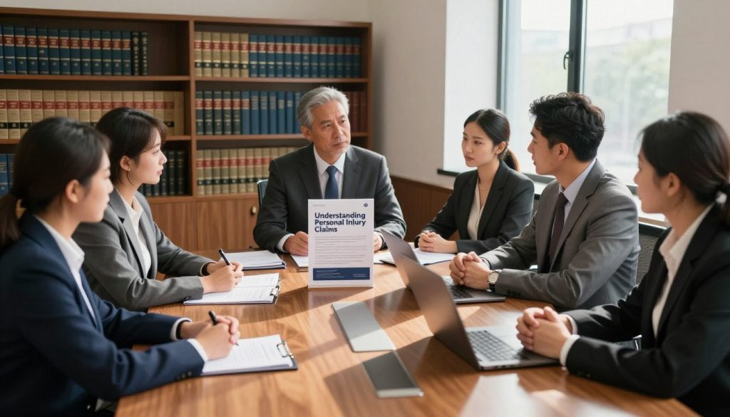 A professional law office scene depicting the personal injury legal process. In the foreground, a diverse group of individuals in professional business attire are engaged in a serious discussion, surrounded by legal documents and a laptop. In the middle, a polished wooden conference table holds a brochure titled "Understanding Personal Injury Claims." The background features shelves lined with law books and a window allowing natural light to stream in, creating a warm and inviting atmosphere. The room is well-organized and exudes an air of professionalism and support. Soft shadows cast by the light enhance the focus on the group, conveying a sense of determination and hope in navigating the legal landscape after a personal injury accident.