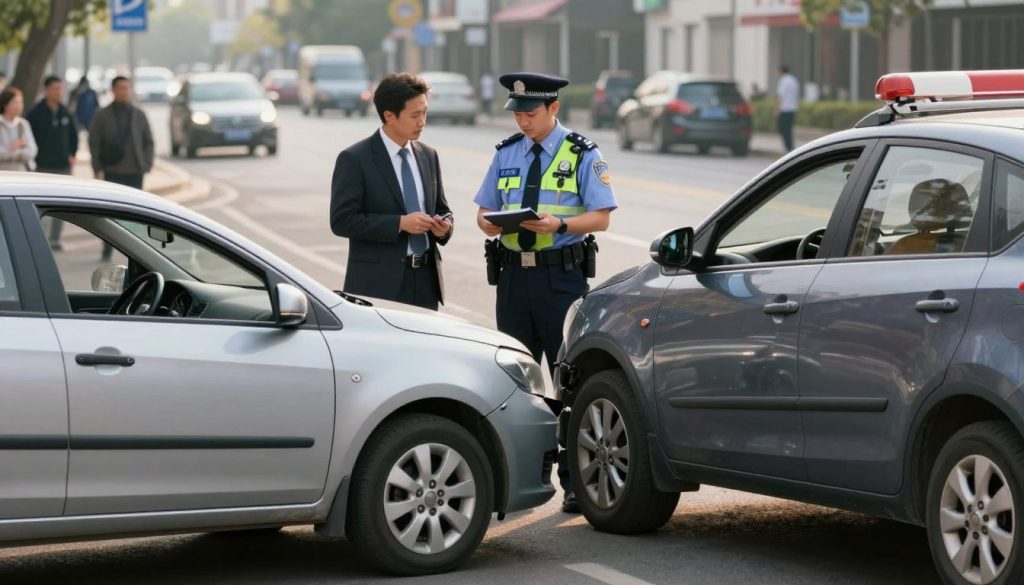 A professional-looking scene depicting a minor car accident setting. In the foreground, two cars, a compact sedan and a small SUV, are slightly damaged with visible but minor dents and scratches. A uniformed police officer stands beside them, taking notes and assessing the situation. In the middle ground, a calm, concerned driver in business attire talks to the officer. The background features a city street with subdued traffic and pedestrians observing the scene from a distance. The lighting is soft and natural, suggesting early afternoon, with shadows that imply a warm, overcast day. The mood is neutral and informative, capturing the essence of a typical incident without drama. The camera angle is at eye level, emphasizing the interpersonal interaction and the aftermath of the accident.