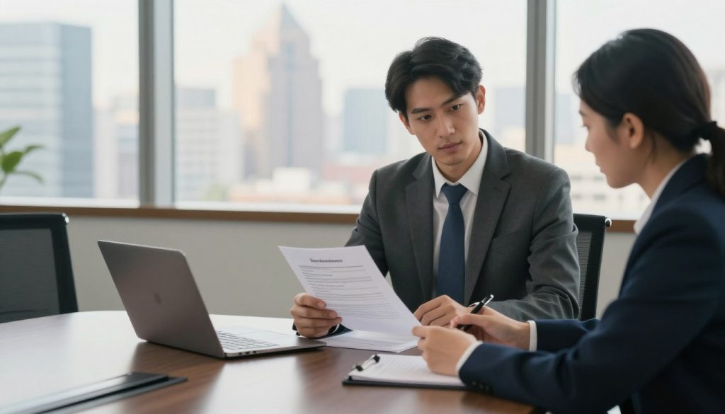 A professional negotiator sitting at a sleek conference table, engaged in a discussion with an insurance adjuster across from them, both dressed in business attire. The negotiator appears confident, holding a pen and reviewing a detailed settlement document. The background features a modern office with large windows showcasing a city skyline, bathed in soft, warm daylight that creates an inviting atmosphere. The image captures a sense of determination and focus, emphasizing the importance of negotiation for maximizing car accident settlements. The camera angle is slightly above eye level, creating a sense of authority, while maintaining clarity on both subjects and the environment around them.