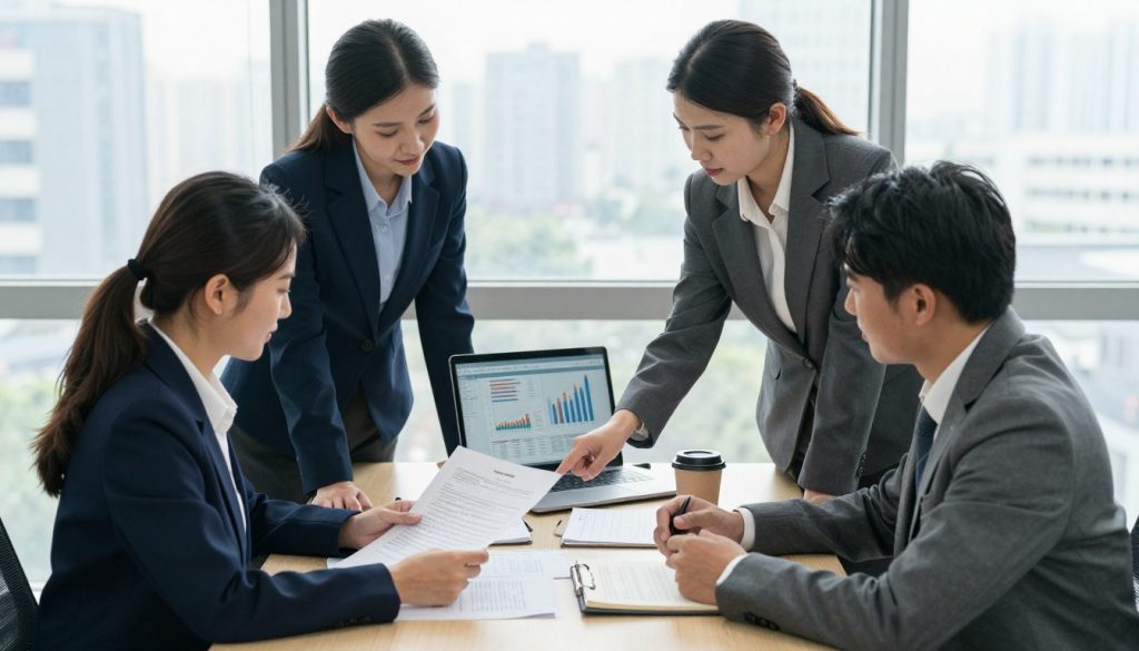 A professional office setting depicting the car accident settlement process. In the foreground, a diverse group of three individuals in smart business attire – a man and a woman seated at a conference table reviewing documents, and another woman standing nearby, pointing to a chart. The middle ground features a laptop open with financial graphs displayed, a notepad filled with notes, and a coffee cup. In the background, a large window with soft natural light filtering in, revealing a cityscape. The overall mood is focused and collaborative, reflecting a serious yet optimistic atmosphere as the group navigates negotiations and discussions related to settlement. The framing is slightly from above, capturing both the interactions and the workspace environment, emphasizing professionalism and urgency without overcrowding the scene.