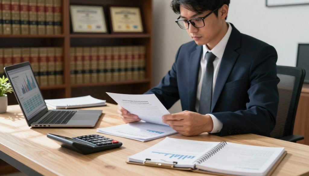 A professional office setting with a well-organized desk in the foreground, featuring a calculator, notepad, and a laptop displaying financial graphs. In the middle ground, a focused individual in professional attire, wearing glasses, meticulously reviewing documents related to personal injury cases. The background showcases shelves filled with law books and certification plaques, highlighting an authoritative atmosphere. Soft, natural lighting streams through a window, casting gentle shadows that create an inviting yet serious mood. The angle is slightly elevated, capturing both the individual and the workspace, emphasizing the step-by-step process of calculating potential compensation.
