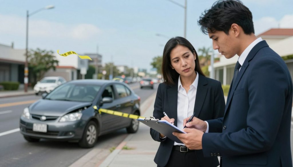 A professional setting depicting a minor car accident claims help scene. In the foreground, a diverse group of two professionals in business attire, one a middle-aged woman and the other a young man, are discussing a claim while reviewing documents on a clipboard. The middle ground features a partially damaged, small car on the roadside with police tape lightly flapping in the breeze. In the background, a clear blue sky complements a city street, with subdued traffic to suggest a typical urban environment. The lighting is soft and natural, evoking a calm, constructive mood. The angle captures the interaction between the professionals and the accident scene, emphasizing the importance of handling minor claims effectively.
