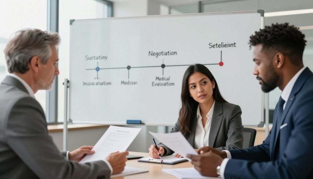 A professional setting illustrating a personal injury settlement timeline. In the foreground, a diverse group of three individuals in business attire is engaged in a negotiation: a middle-aged Caucasian lawyer presenting documents, a young Hispanic woman taking notes, and an African American man reviewing paperwork. The middle section features a large, clear timeline diagram on a whiteboard, with key milestones marked such as “Initial Consultation,” “Medical Evaluation,” “Negotiation,” and “Settlement.” The background shows a bright, modern office environment with large windows allowing natural light to illuminate the scene, creating a collaborative atmosphere. The mood is serious yet optimistic, symbolizing progress and resolution in the negotiation process. The angle is slightly above eye level, emphasizing the importance of the discussion and the timeline.