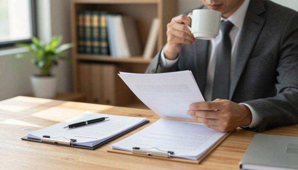 A serene office setting showcasing the steps to take when suspecting medical malpractice. In the foreground, a wooden desk with neatly organized legal documents, a pen, and a confidential patient file. The middle area features a professional, dressed in a tailored suit, thoughtfully reviewing paperwork while holding a coffee cup, symbolizing vigilance and caution. In the background, a soft-focus bookshelf filled with legal books and medical texts, along with a potted plant that adds a touch of life. Warm, natural light filters through a nearby window, casting soft shadows, creating an atmosphere of contemplation and professionalism. The overall mood is serious yet hopeful, emphasizing the importance of taking measured steps in sensitive situations.