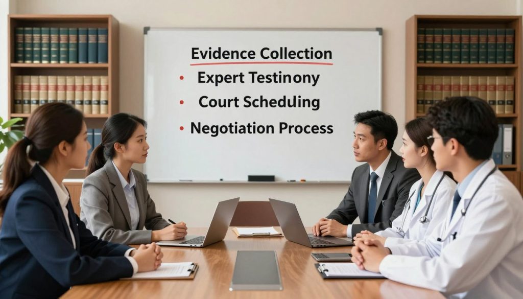 A visually engaging illustration of factors influencing the duration of medical malpractice lawsuits, set in a professional office environment. In the foreground, a diverse group of four professionals in business attire—two lawyers and two medical experts—are engaged in serious discussion around a large wooden conference table. The middle layer features a whiteboard displaying key elements such as "Evidence Collection," "Expert Testimony," "Court Scheduling," and "Negotiation Process," shown in a neat, organized manner. In the background, a softly lit office space with shelves of legal books and medical journals creates an atmosphere of professionalism and seriousness. The scene is well-lit, with warm tones that evoke focus and determination, while a slight depth of field emphasizes the foreground.