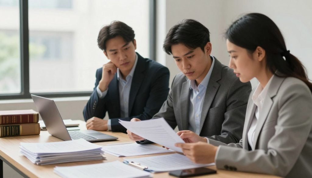 A well-organized office setting focused on the act of filing a personal injury claim. In the foreground, a diverse group of three professional individuals—two men and one woman—are discussing documents intently at a desk, all dressed in business attire. The middle ground features piles of paperwork, a laptop, and legal books, suggesting a busy environment. In the background, a large window lets in soft, natural light, illuminating the space with a warm and inviting atmosphere. The mood is focused and serious, emphasizing professionalism and the complexity of navigating a personal injury claim. The angle captures both the individuals’ expressions of determination and the cluttered yet orderly workspace, showing the importance of organization in legal processes.